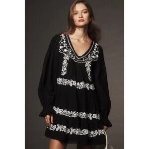 Anthropologie Black Mini Dress with White Embroidery